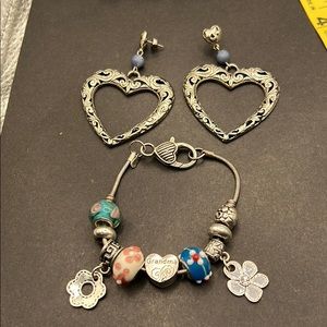 Silver tone heart earrings, charm bracelet